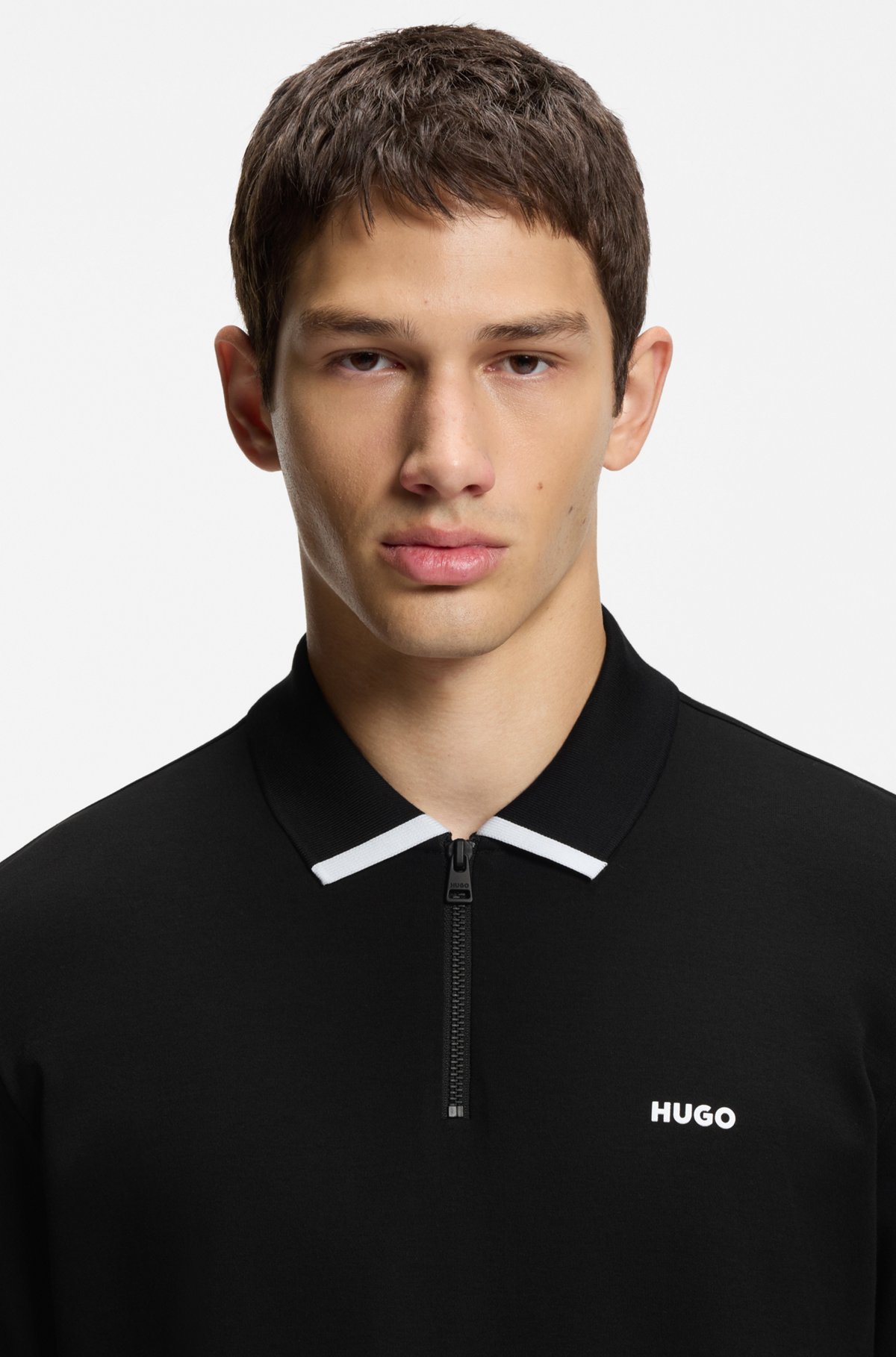 Cotton piqué polo shirt with zip neckline, Black