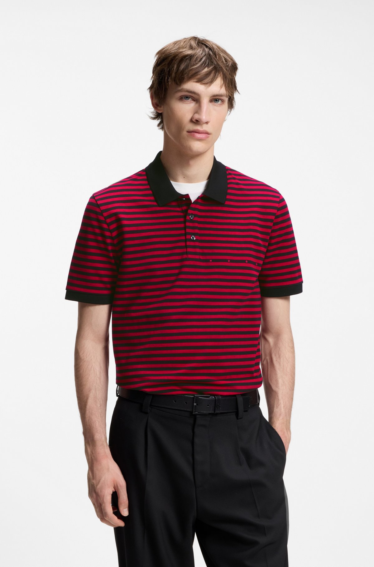 Cotton-piqué polo shirt with horizontal stripe, Black / Red