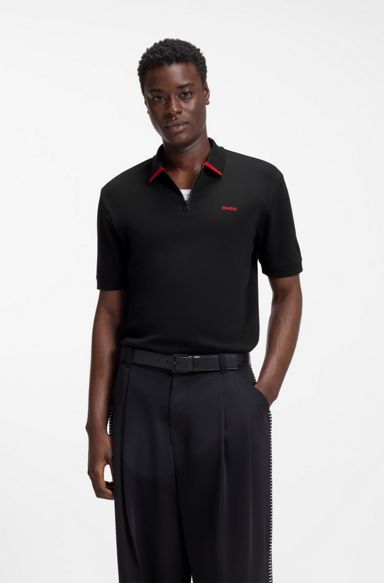 Cotton piqué polo shirt with zip neckline, Black
