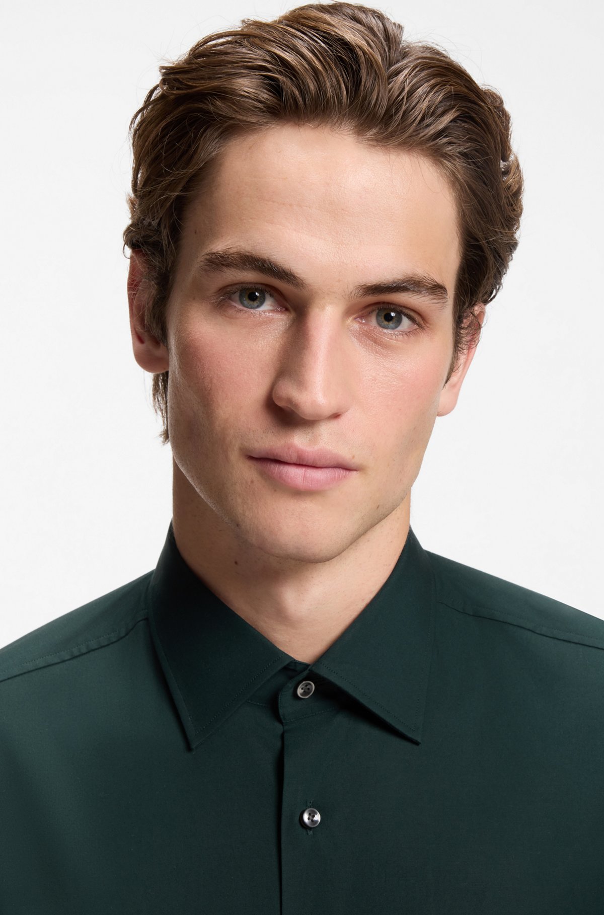 Slim-fit stretch-cotton shirt, Dark Green