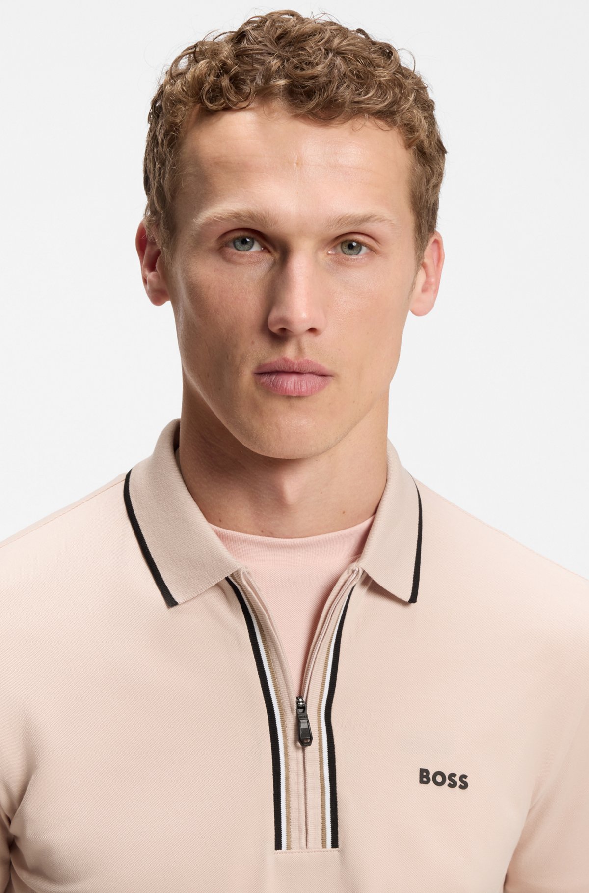 Active Slim-fit polo shirt in moisture-wicking stretch cotton, Light Pink