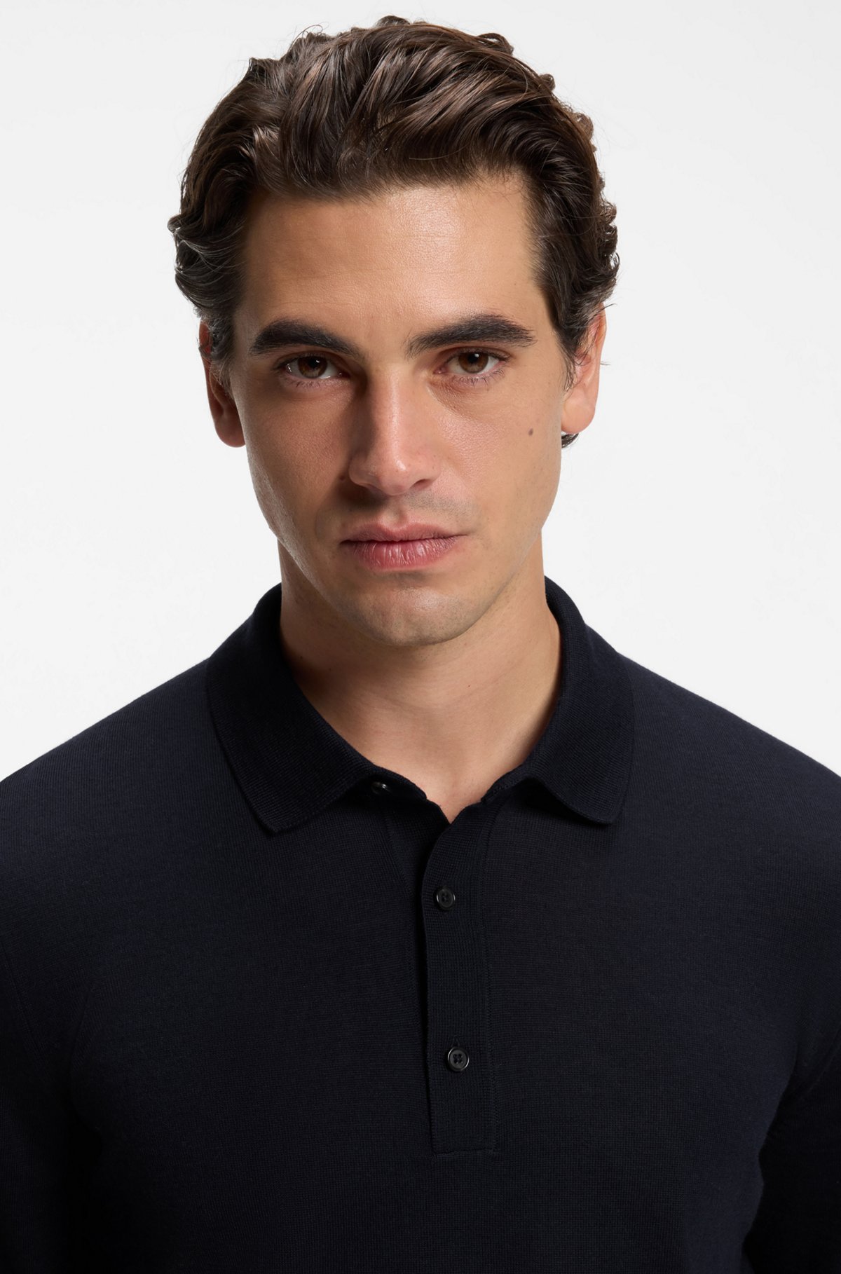 Merino-wool polo sweater, Dark Blue