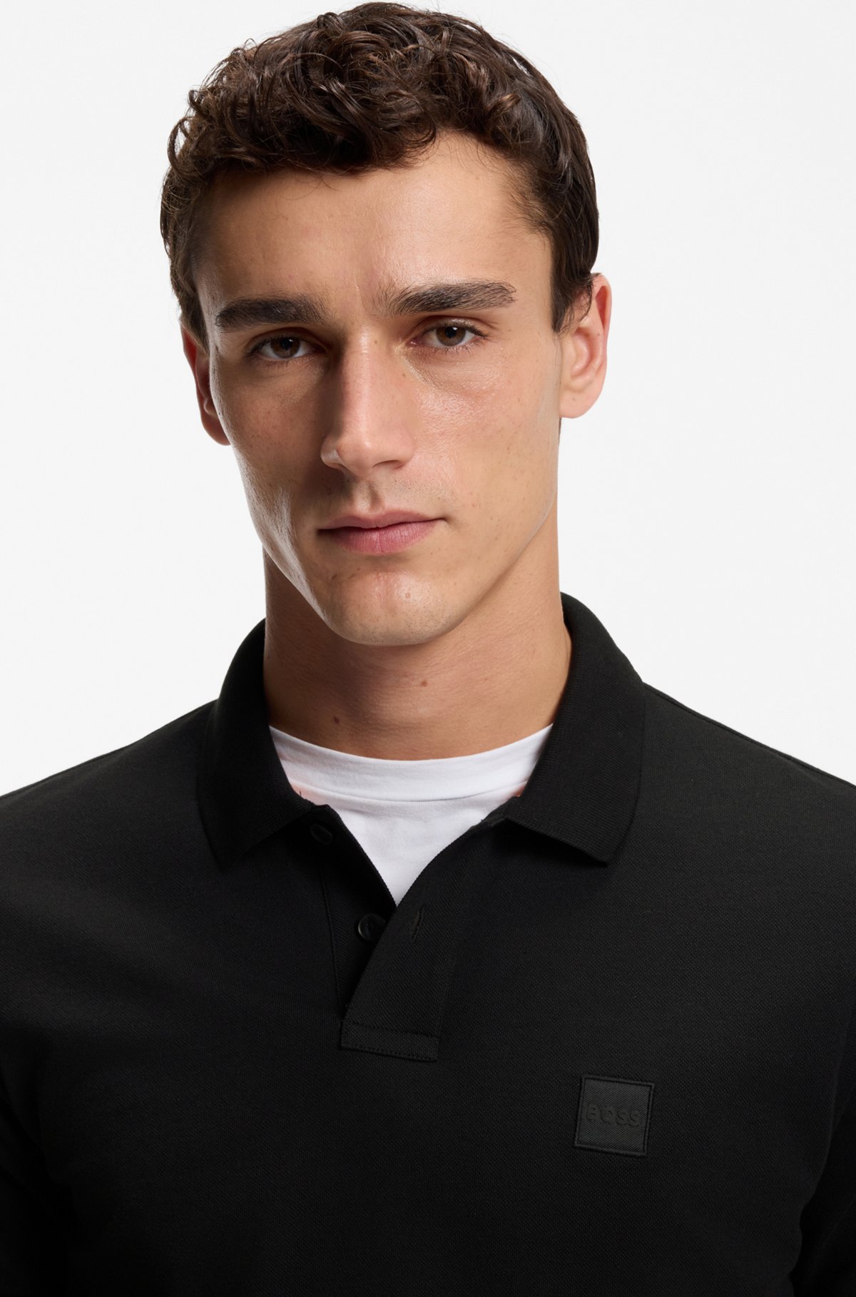 Stretch-cotton slim-fit polo shirt with logo patch, Black