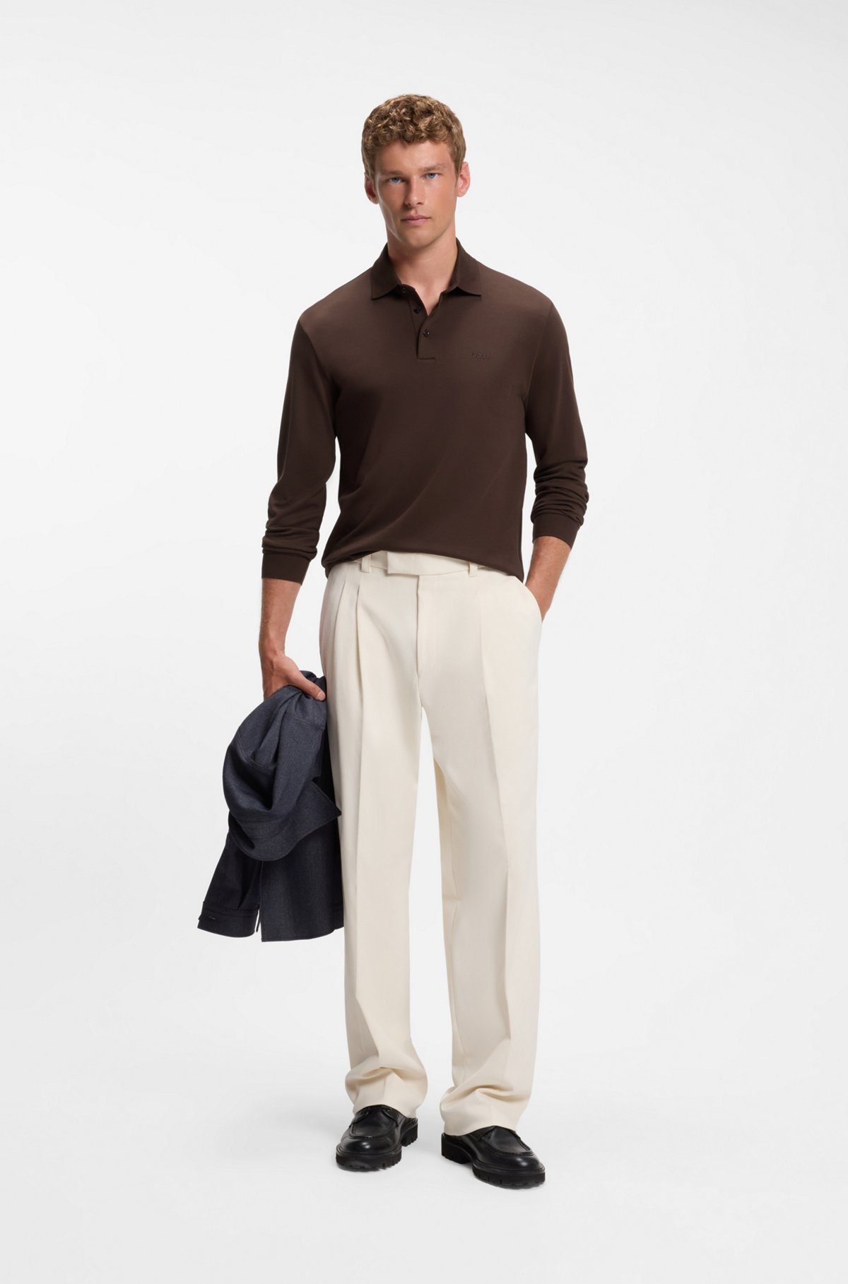 Long-sleeved polo shirt in interlock cotton with logo, Dark Brown
