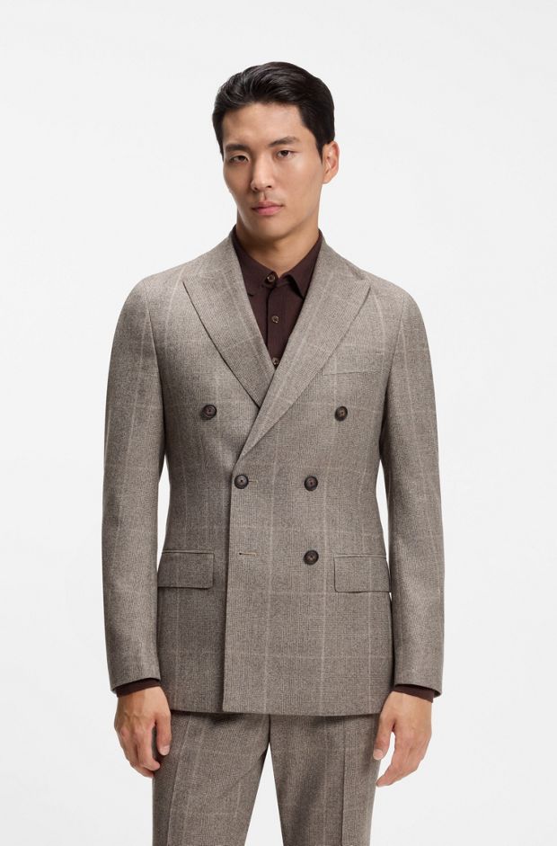 Slim-fit blazer in checked virgin wool, Brown Patterned
