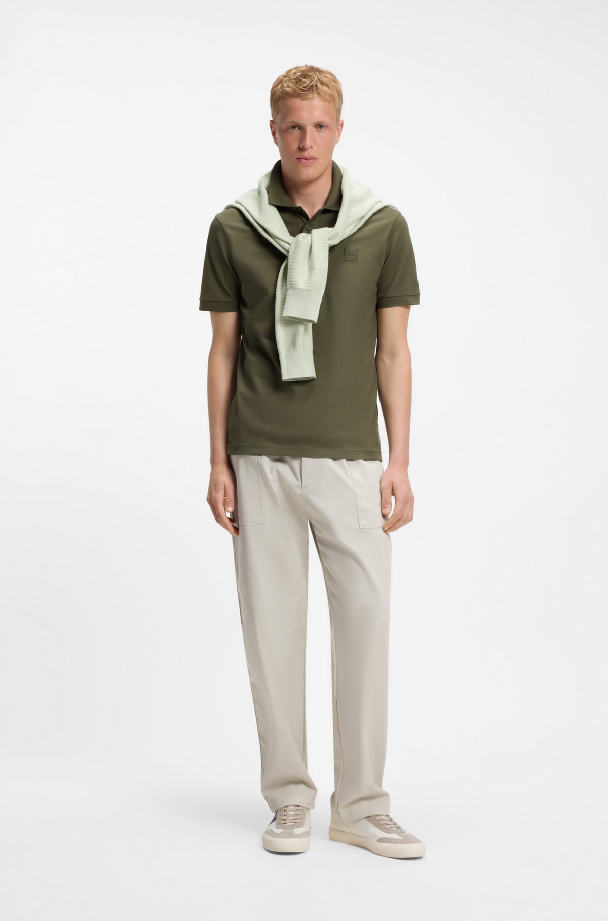 Stretch-cotton slim-fit polo shirt with logo patch, Olive