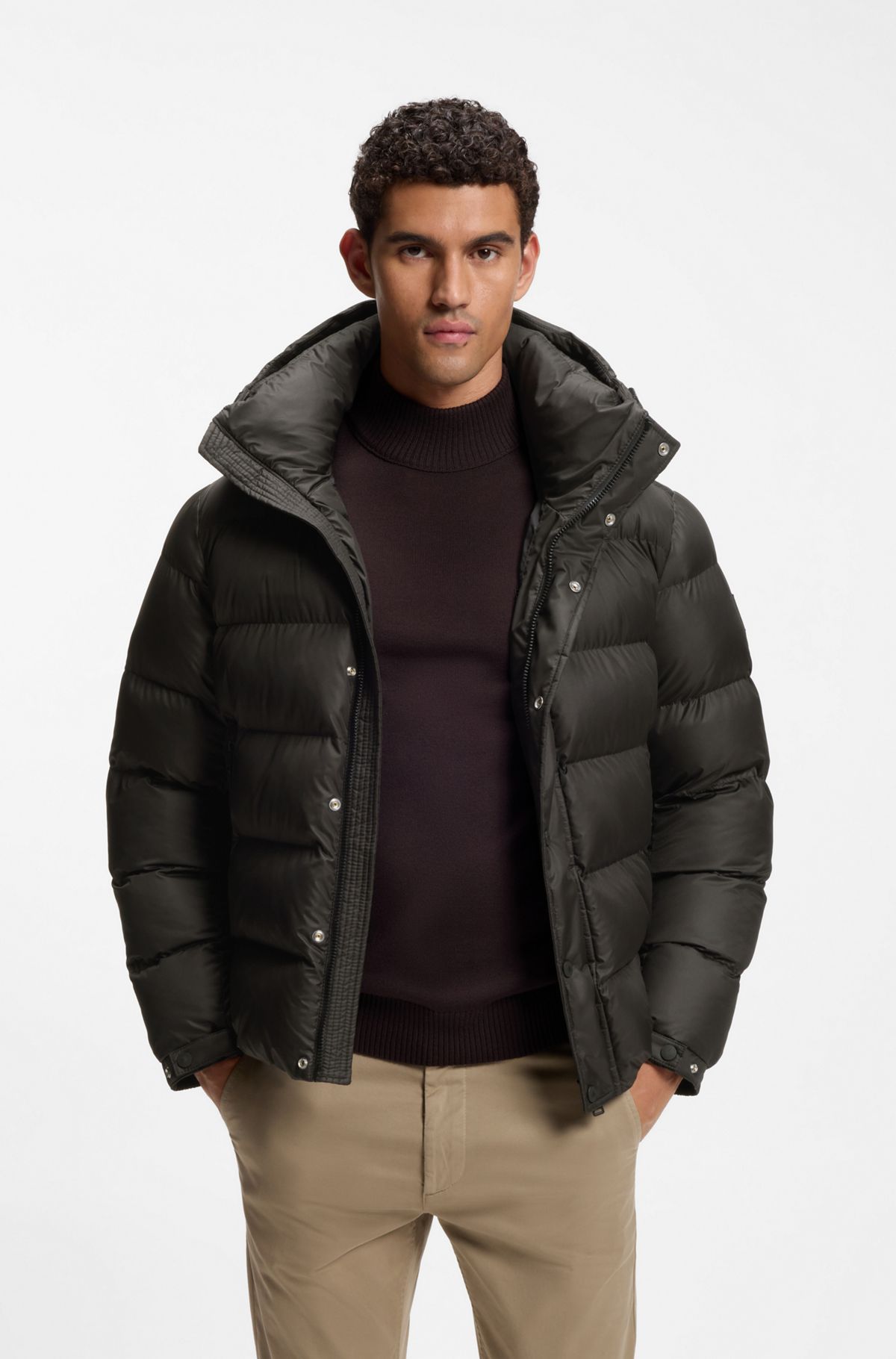 Water-repellent hooded puffer jacket , Black