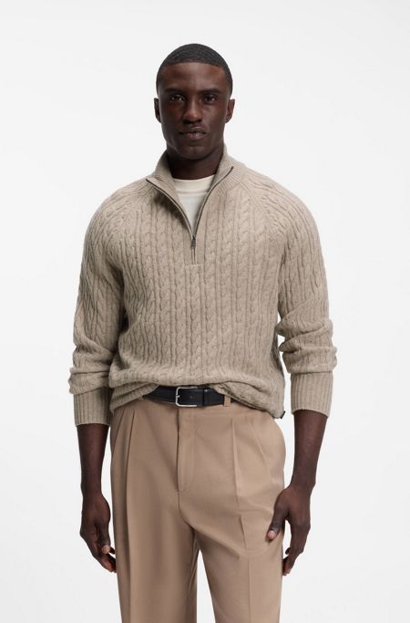Zip-neck sweater with an all-over cable pattern, Light Brown