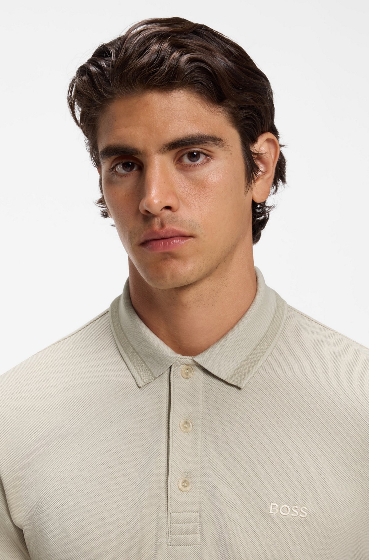 Long-sleeved cotton piqué polo shirt, Light Beige