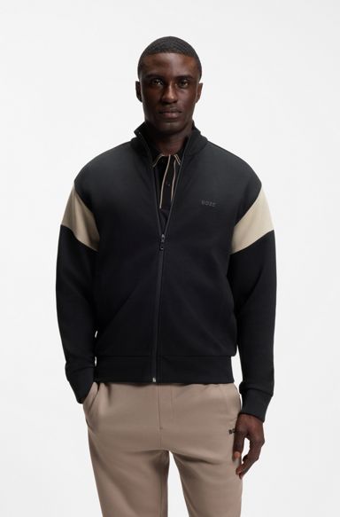 Zip-up cotton-blend sweatshirt with contrast inserts, Black