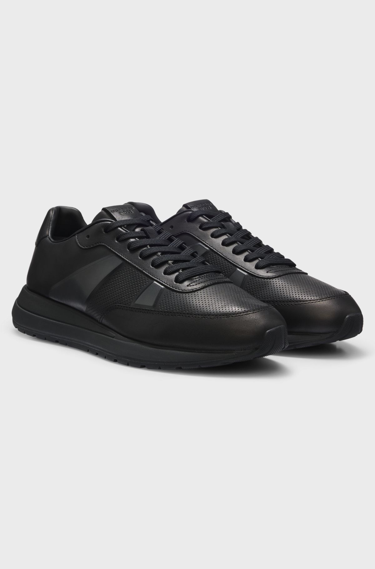Porsche x BOSS leather trainers with perforated details, Black