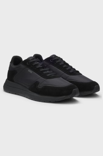Lace-up trainers in lightweight fabric with suede trims, Black