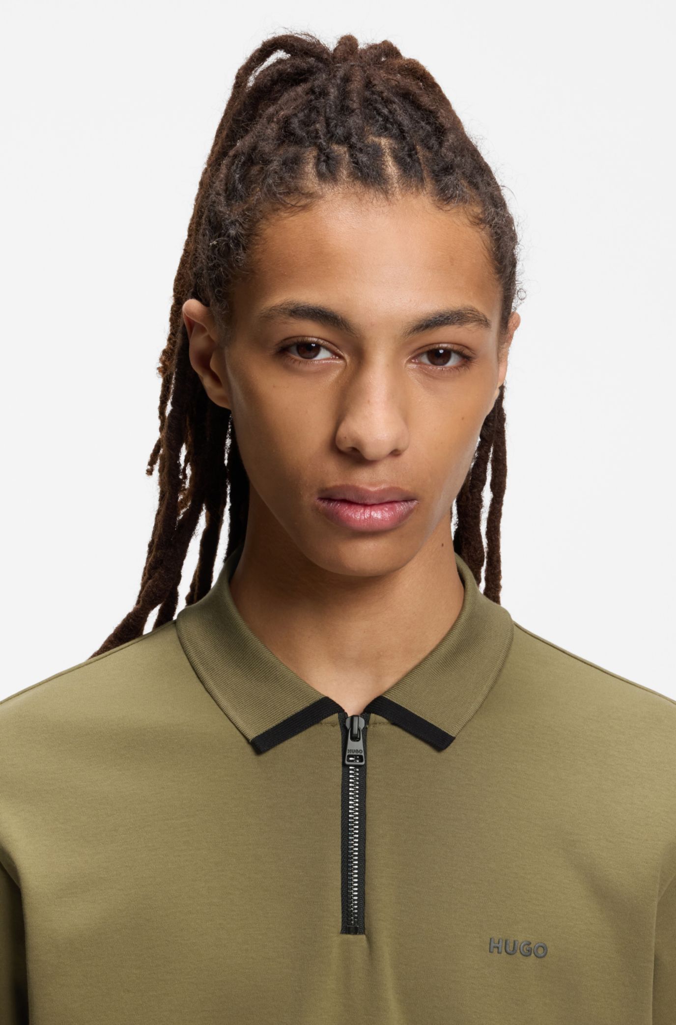 Cotton piqué polo shirt with zip neckline, Olive