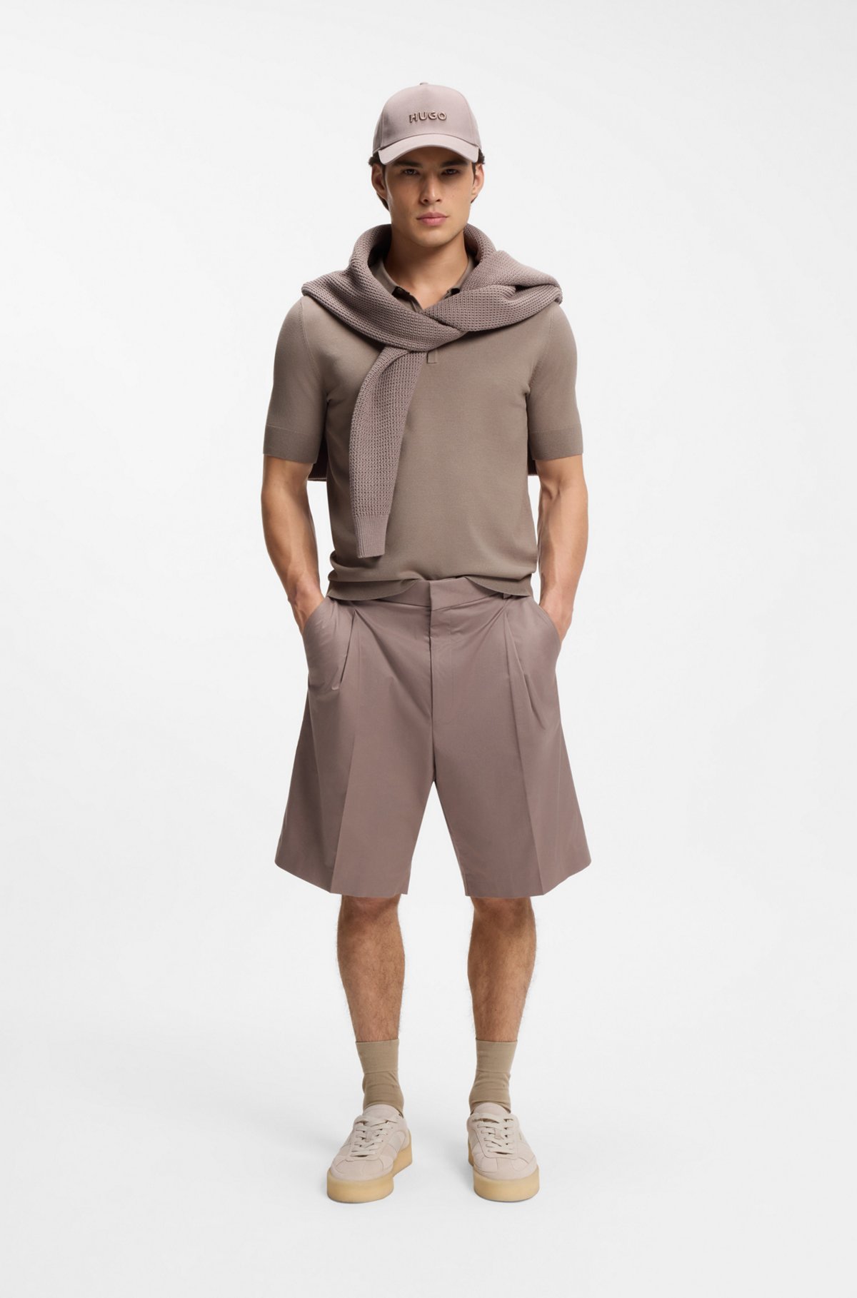 Knit polo with covered placket, Light Brown