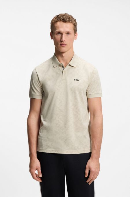 Cotton-piqué polo shirt with all-over print, Light Beige