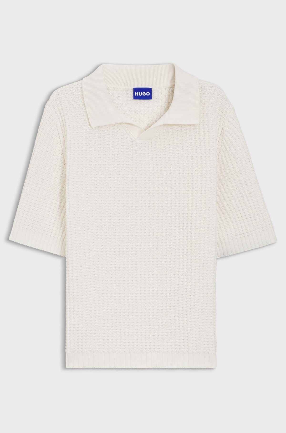 Waffle-structure knit polo with Johnny collar, Natural