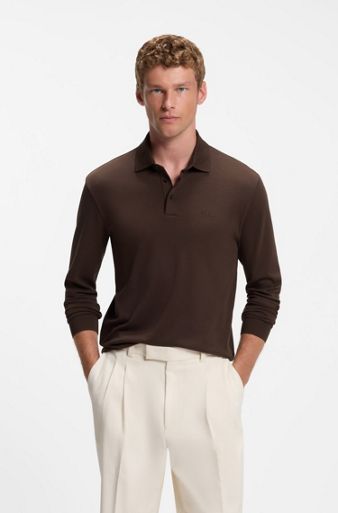 Long-sleeved polo shirt in interlock cotton with logo, Dark Brown