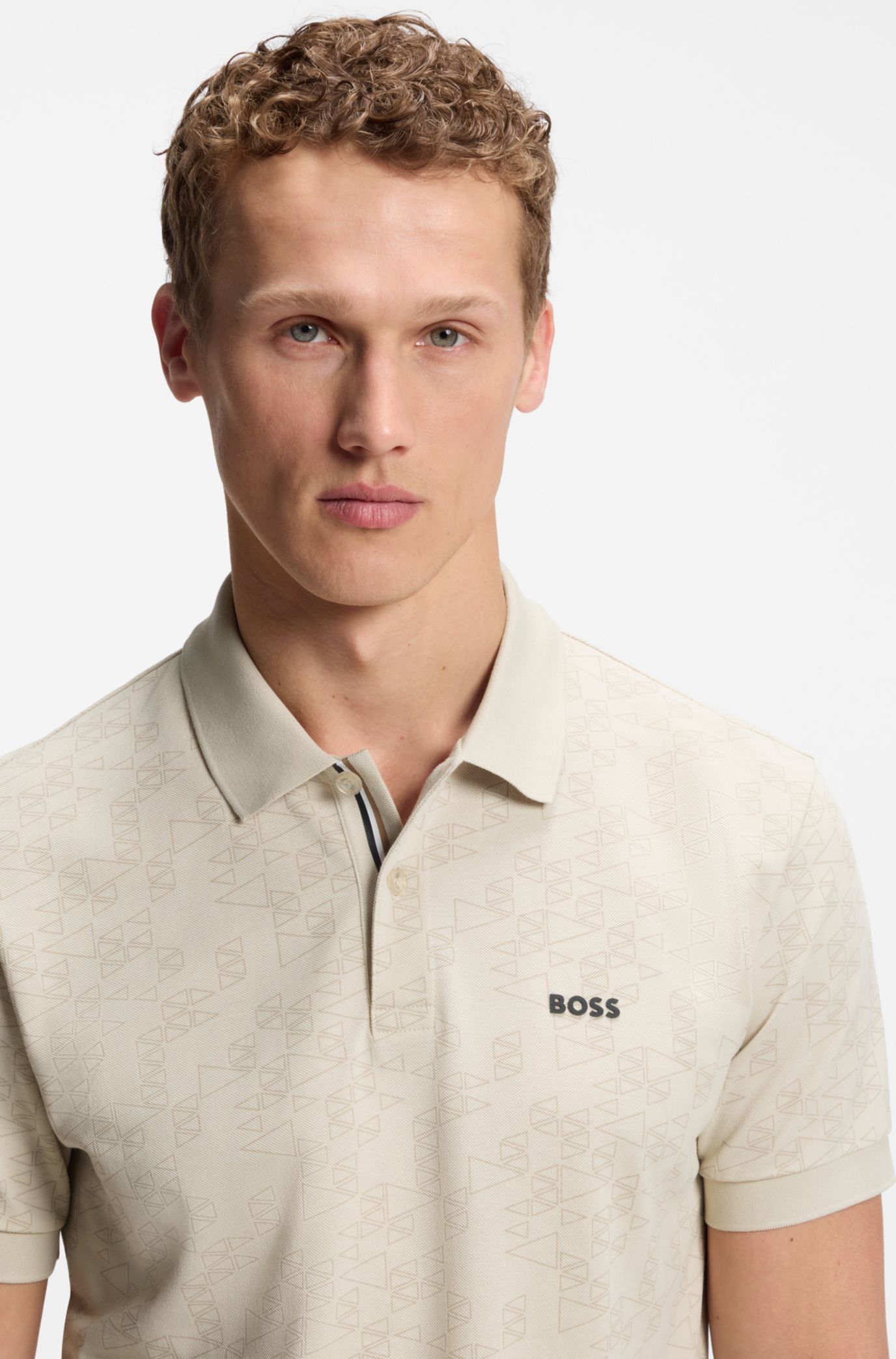Cotton-piqué polo shirt with all-over print, Light Beige