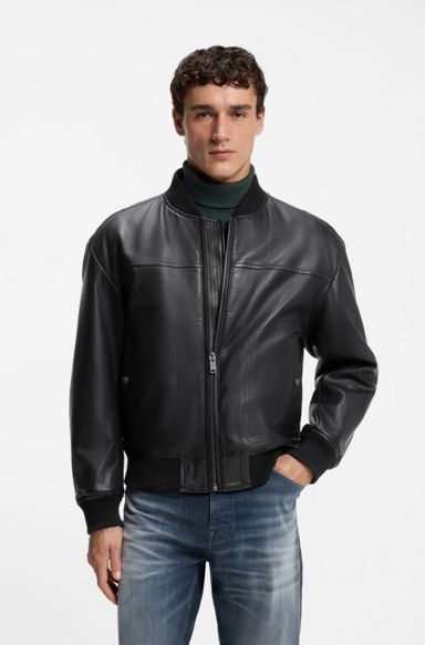 Regular-fit bomber jacket in nappa leather, Black