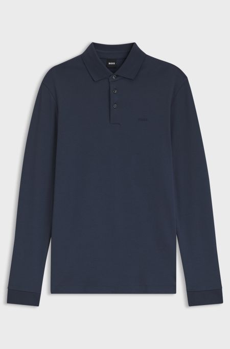 Long-sleeved polo shirt in interlock cotton with logo, Dark Blue