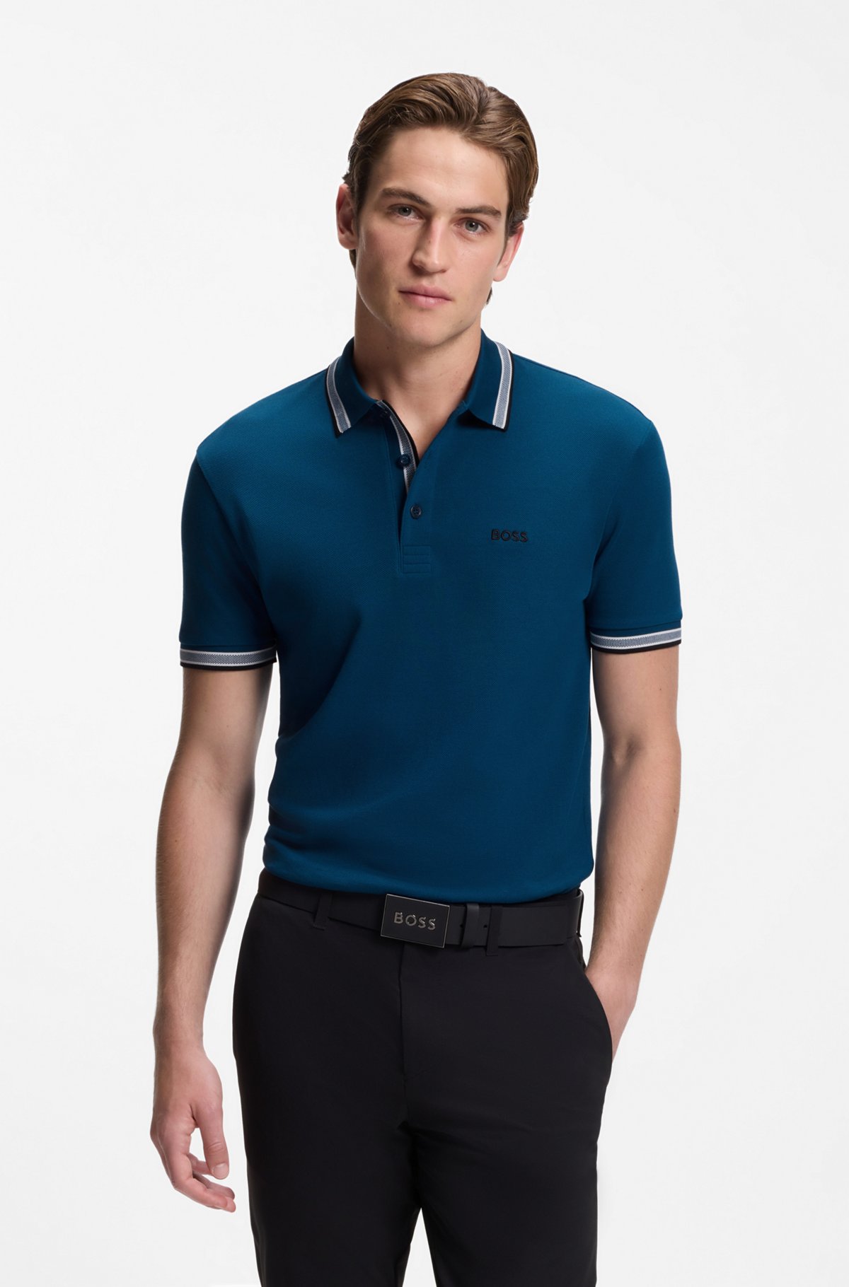 Cotton piqué polo shirt with logo details, Dark Blue