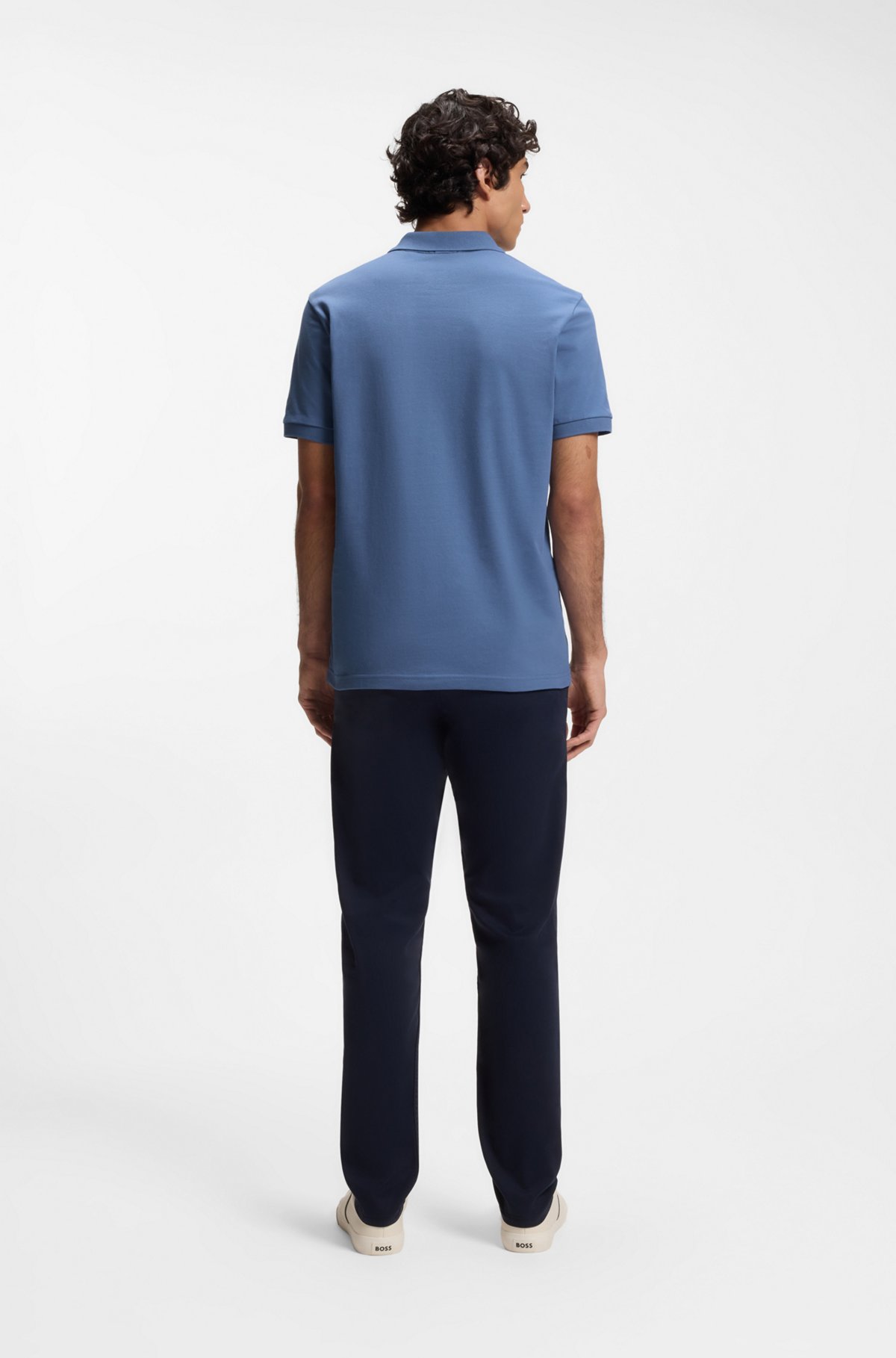 Stretch-cotton slim-fit polo shirt with logo patch, Blue