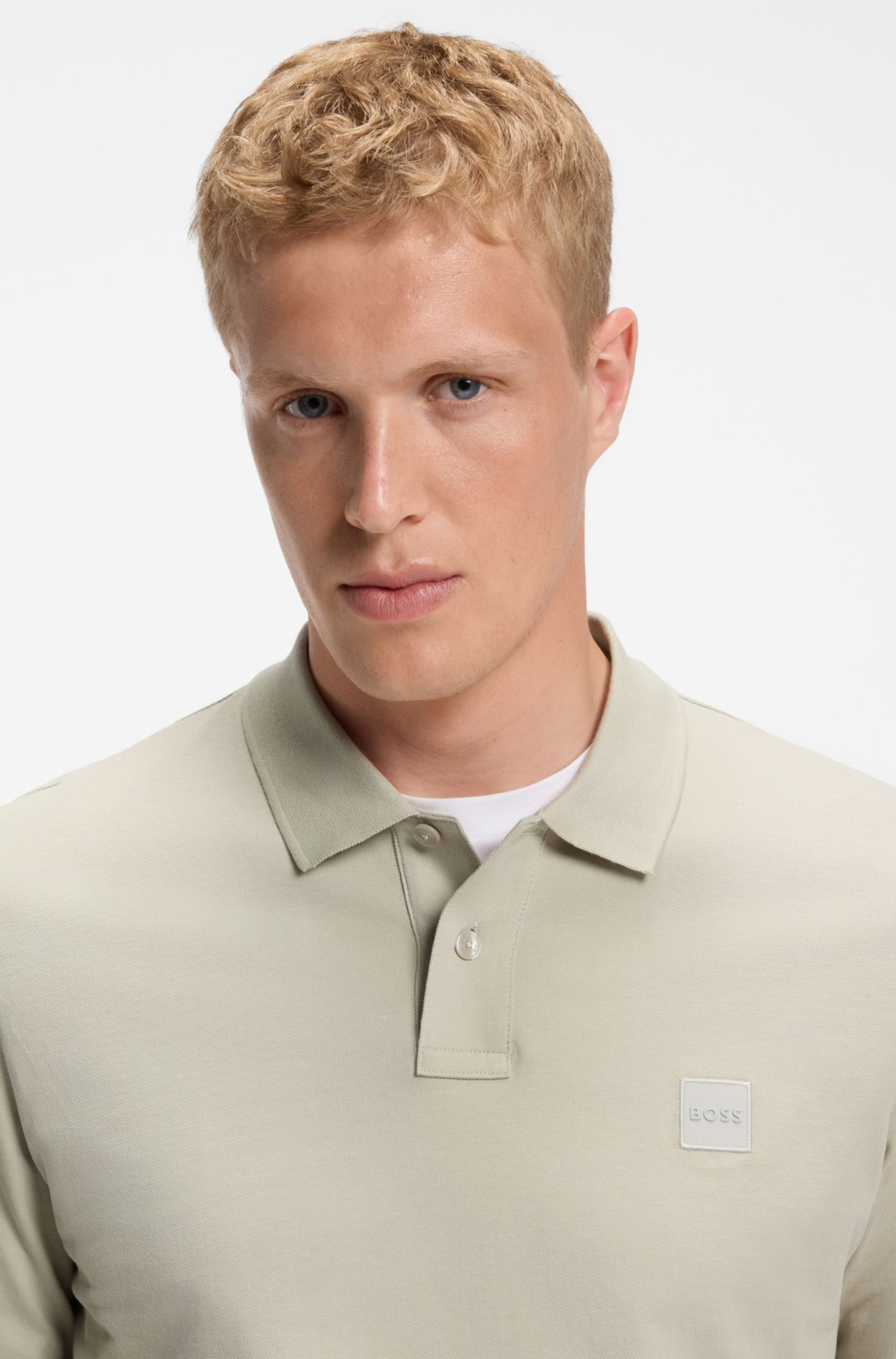 Slim-fit polo shirt in stretch-cotton piqué, Natural