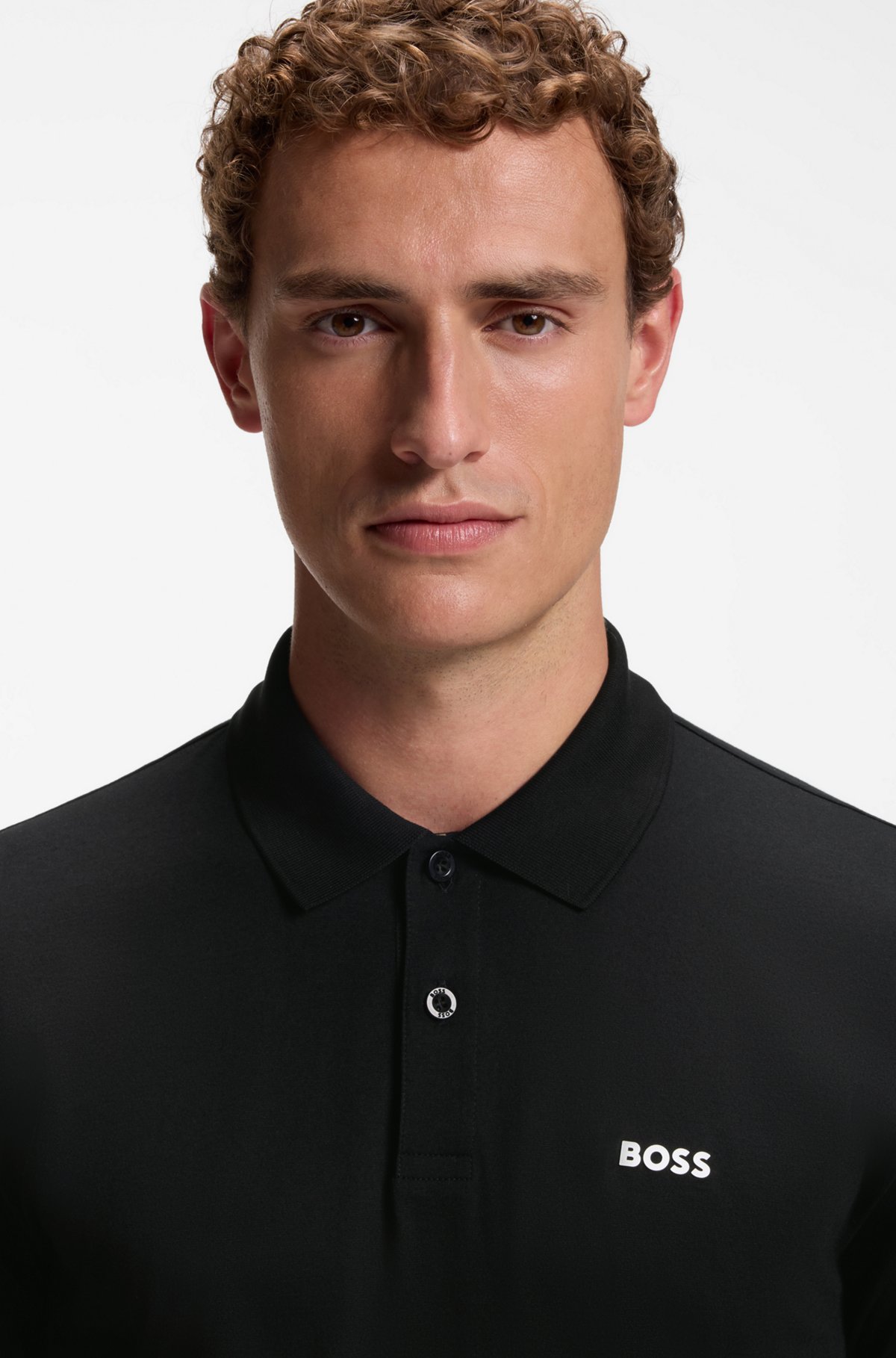 Pima-cotton polo shirt with placed print, Black