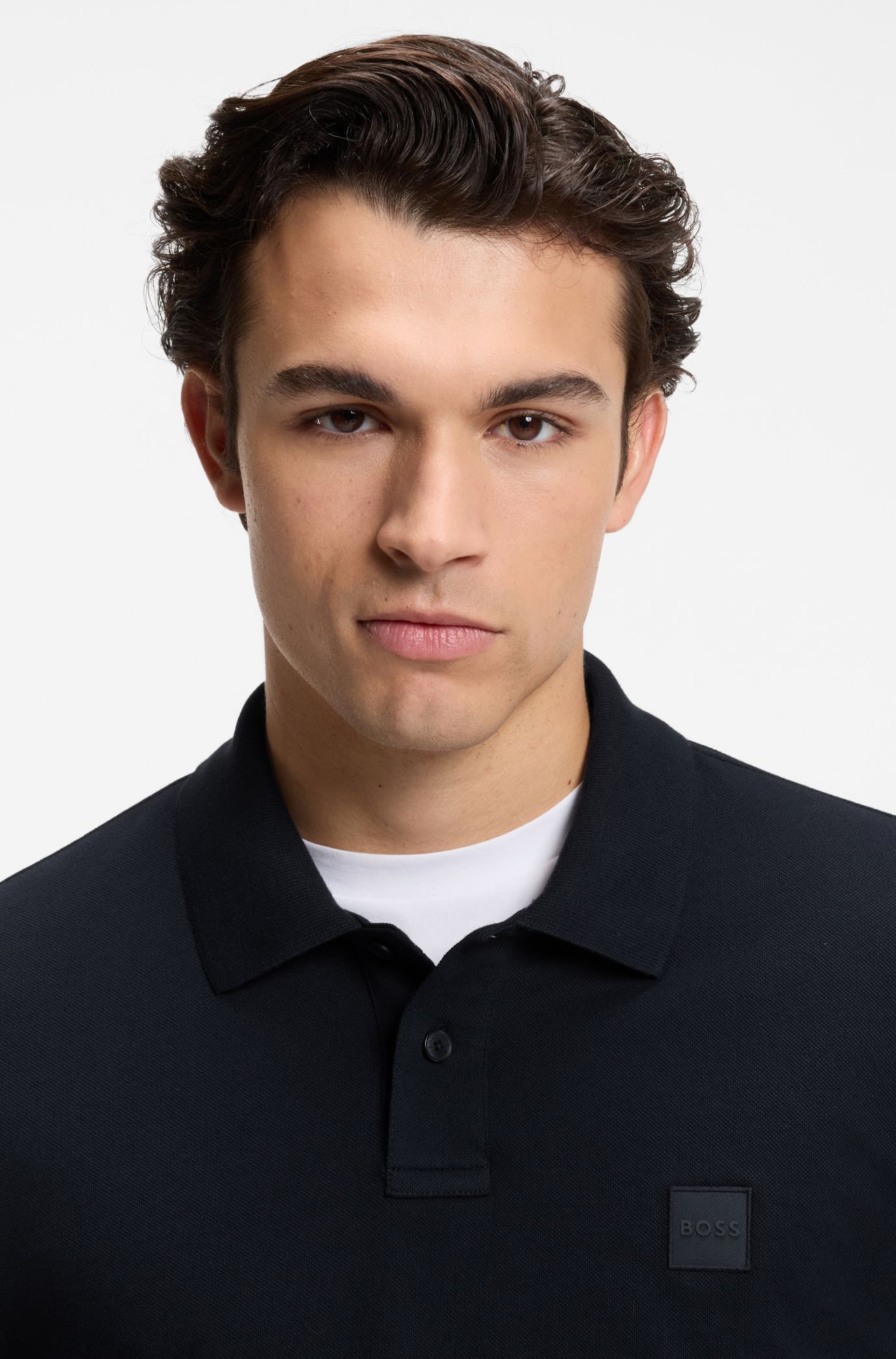 Slim-fit polo shirt in stretch-cotton piqué, Dark Blue