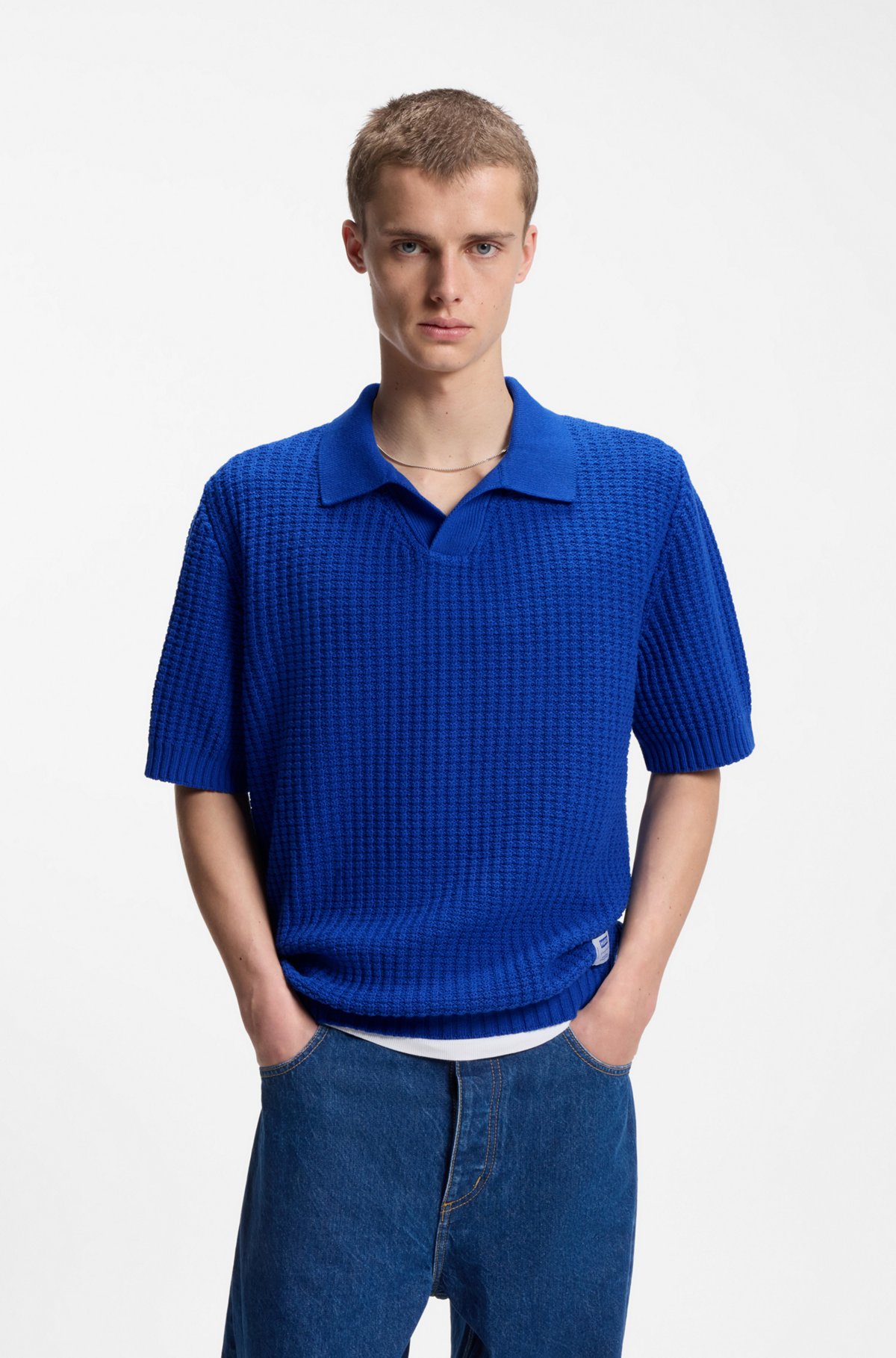 Waffle-structure knit polo with Johnny collar, Blue