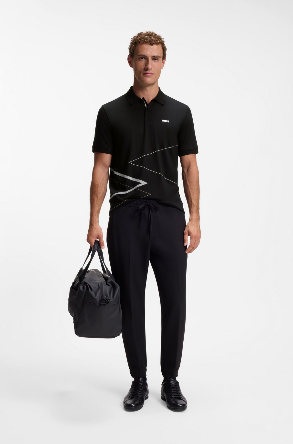 Pima-cotton polo shirt with placed print, Black