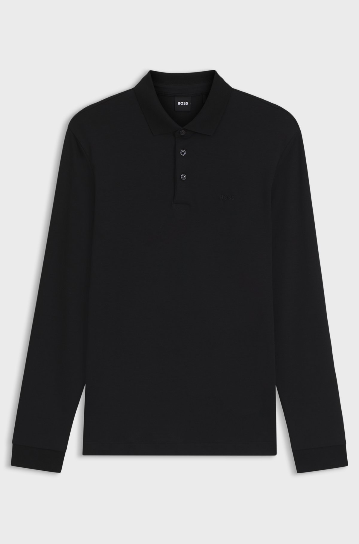 Long-sleeved polo shirt in interlock cotton with logo, Black