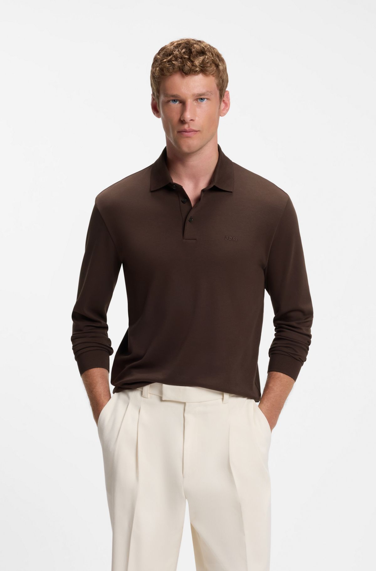 Long-sleeved polo shirt in interlock cotton with logo, Dark Brown