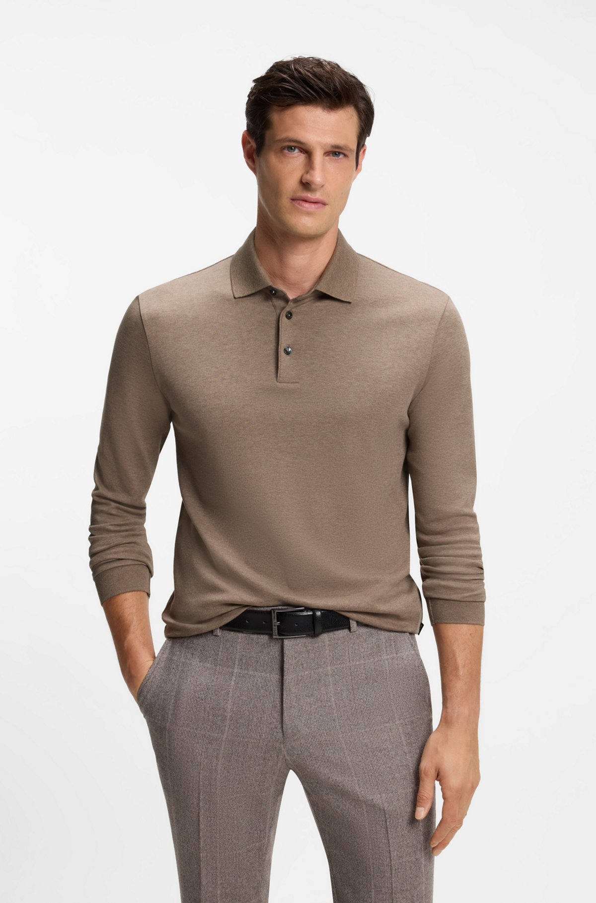 Long-sleeved polo shirt in interlock cotton with logo, Light Brown