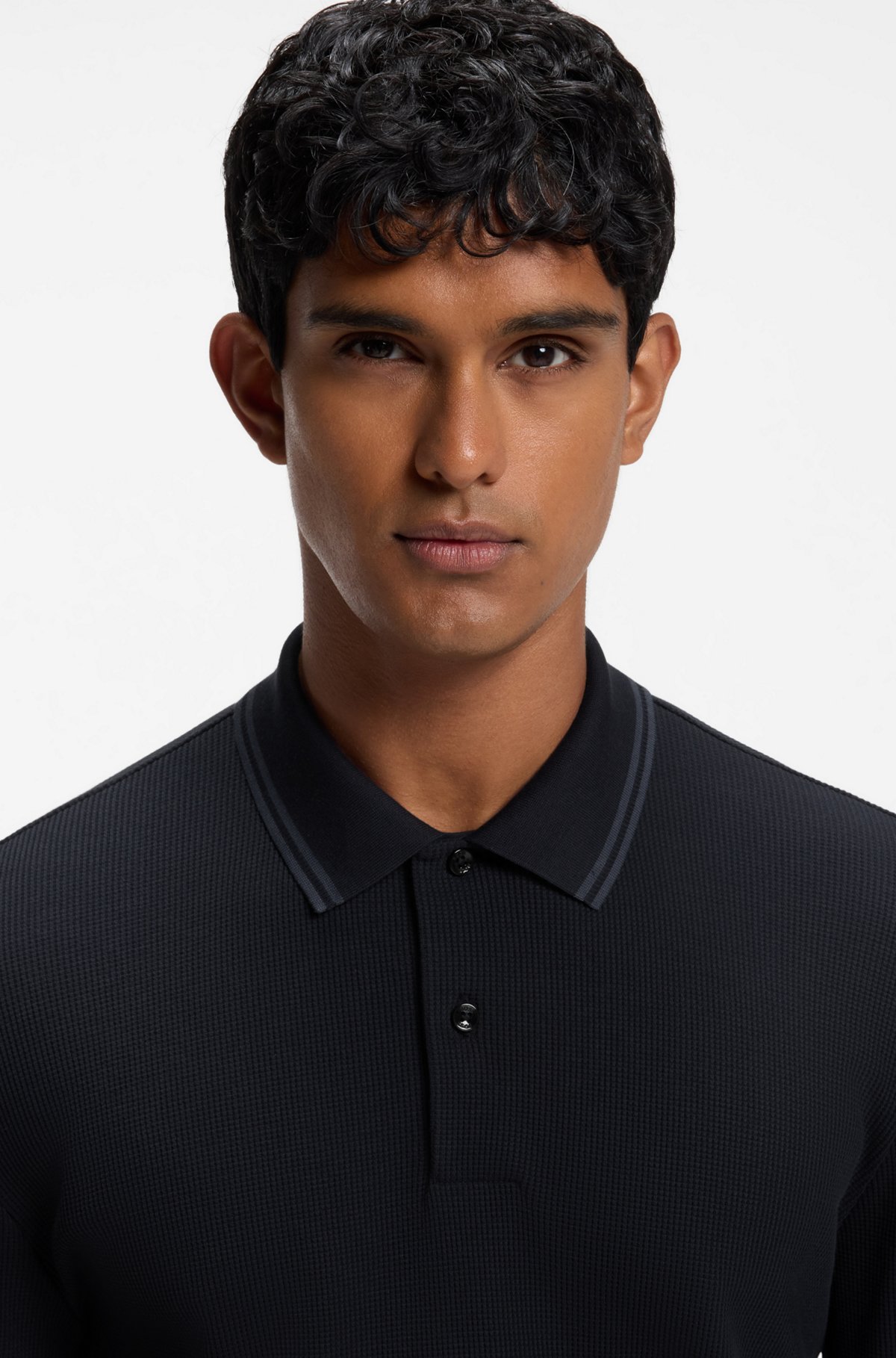 Waffle-structure polo shirt in stretch cotton, Dark Blue