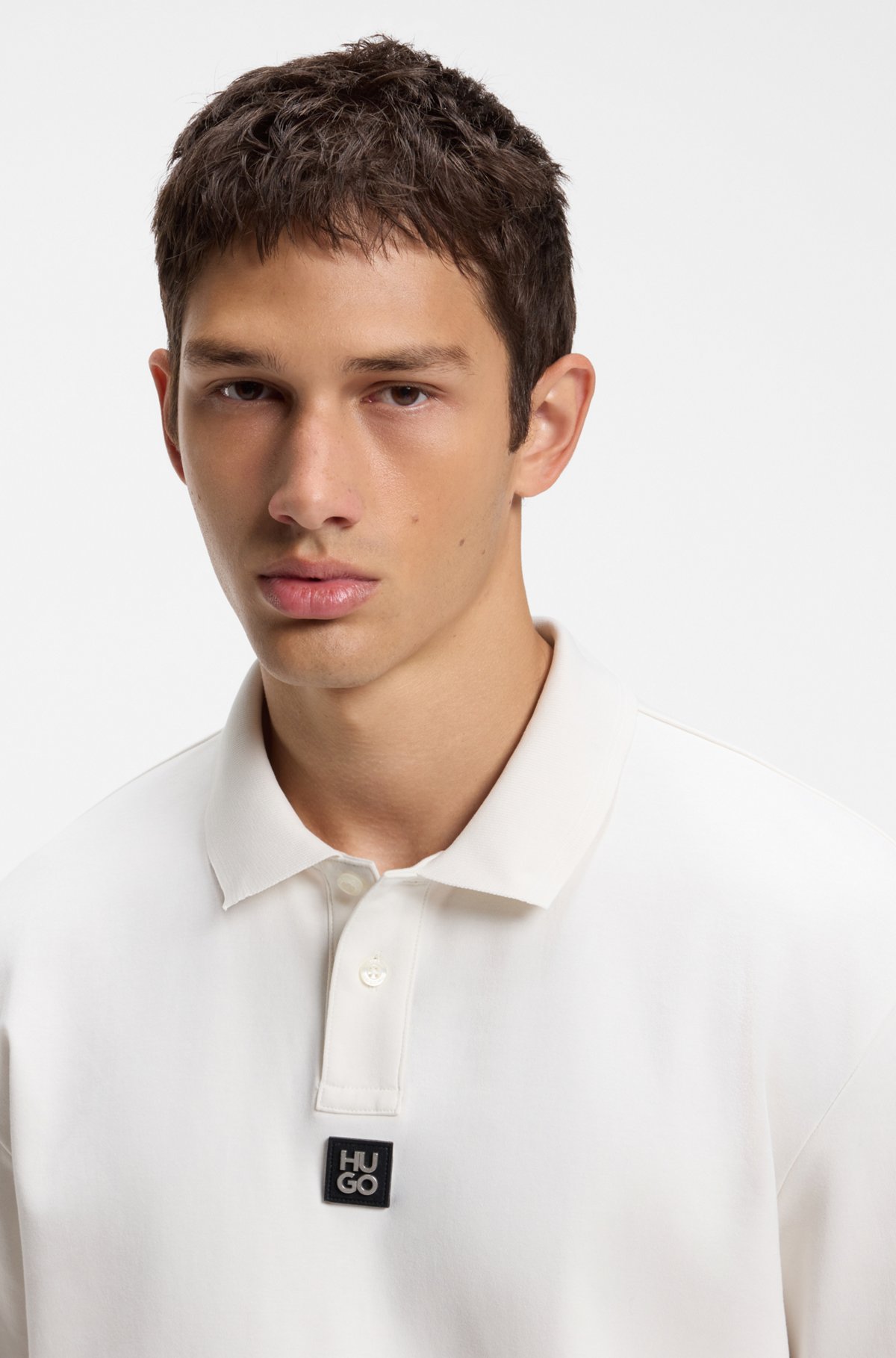 Interlock-cotton polo shirt with stacked logo, Natural