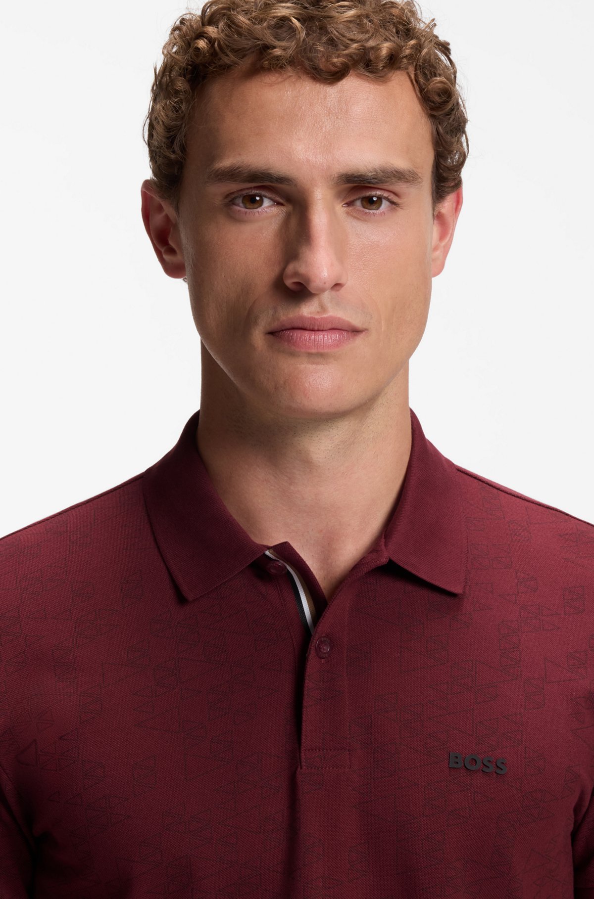 Cotton-piqué polo shirt with all-over print, Dark Red