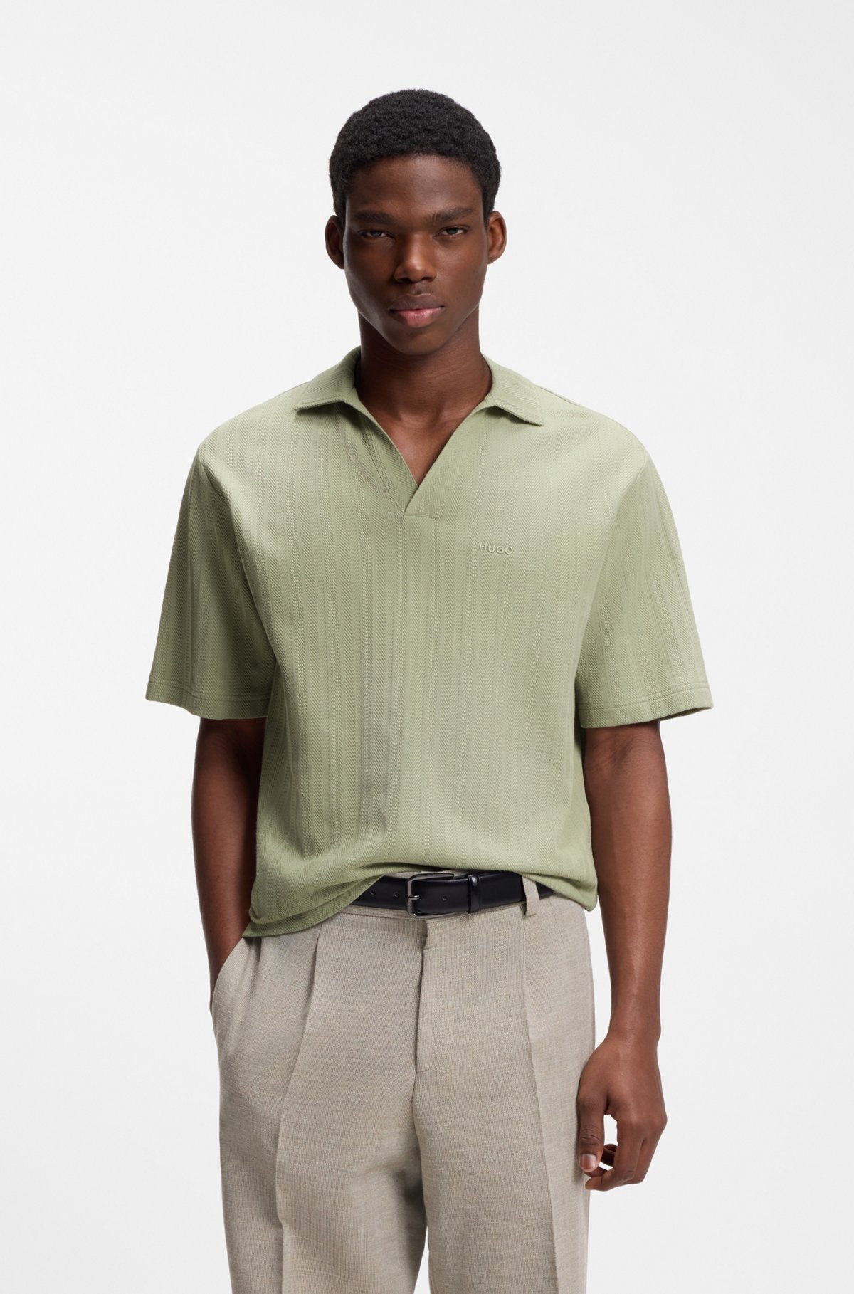 Johnny-collar polo shirt with jacquard stripe, Light Green