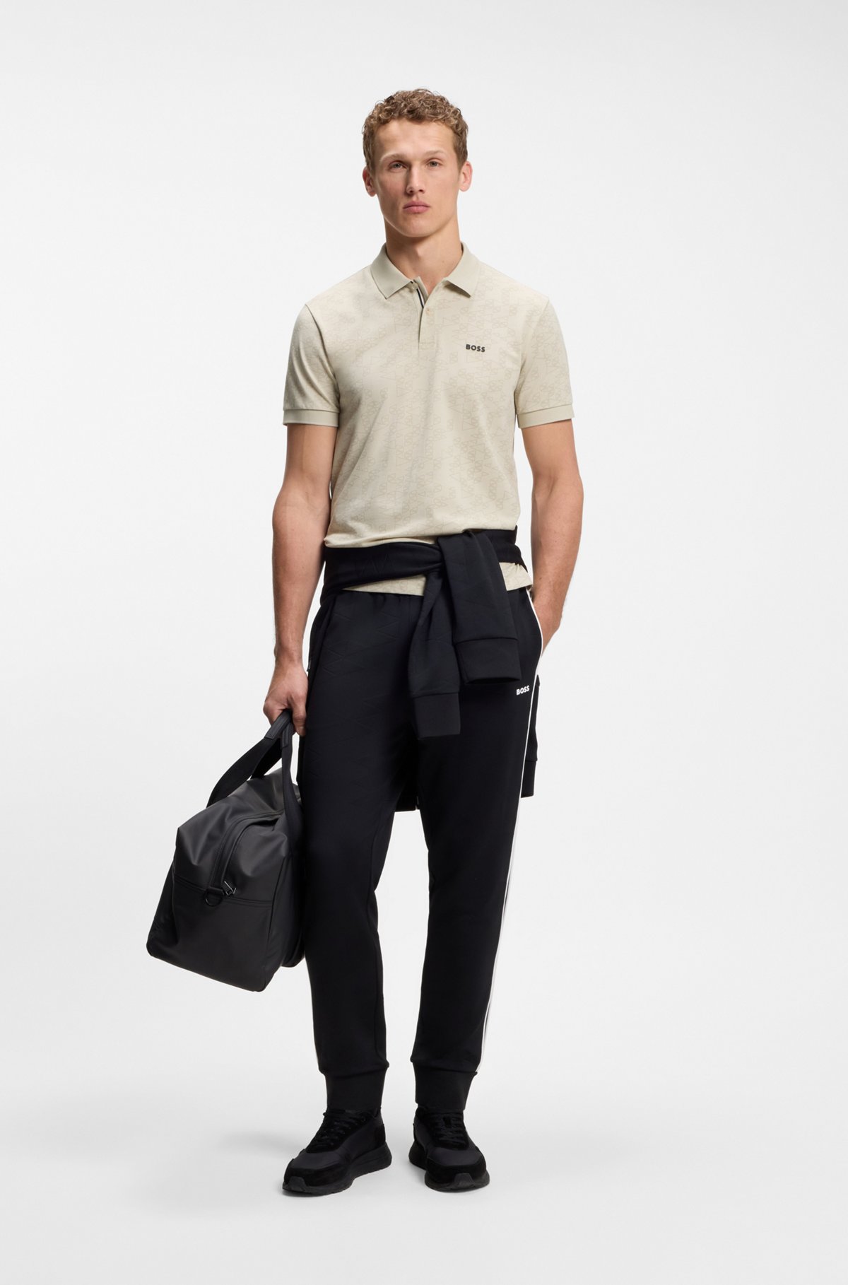 Cotton-piqué polo shirt with all-over print, Light Beige