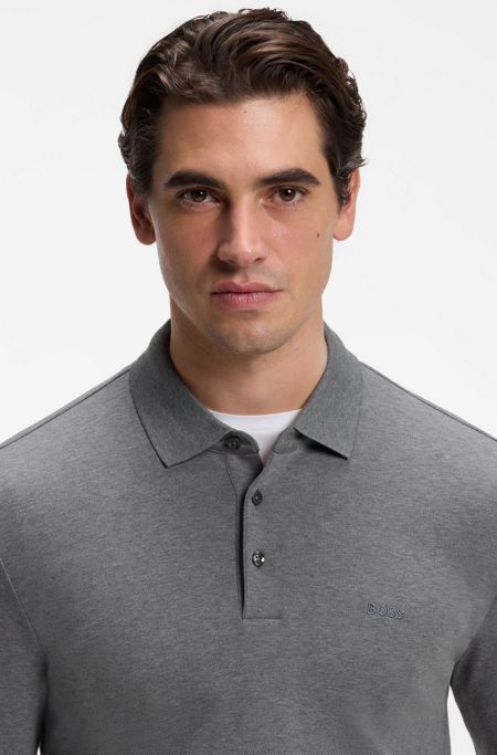 Long-sleeved polo shirt in interlock cotton with logo, Grey