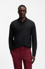 Long-sleeved cotton piqué polo shirt, Black