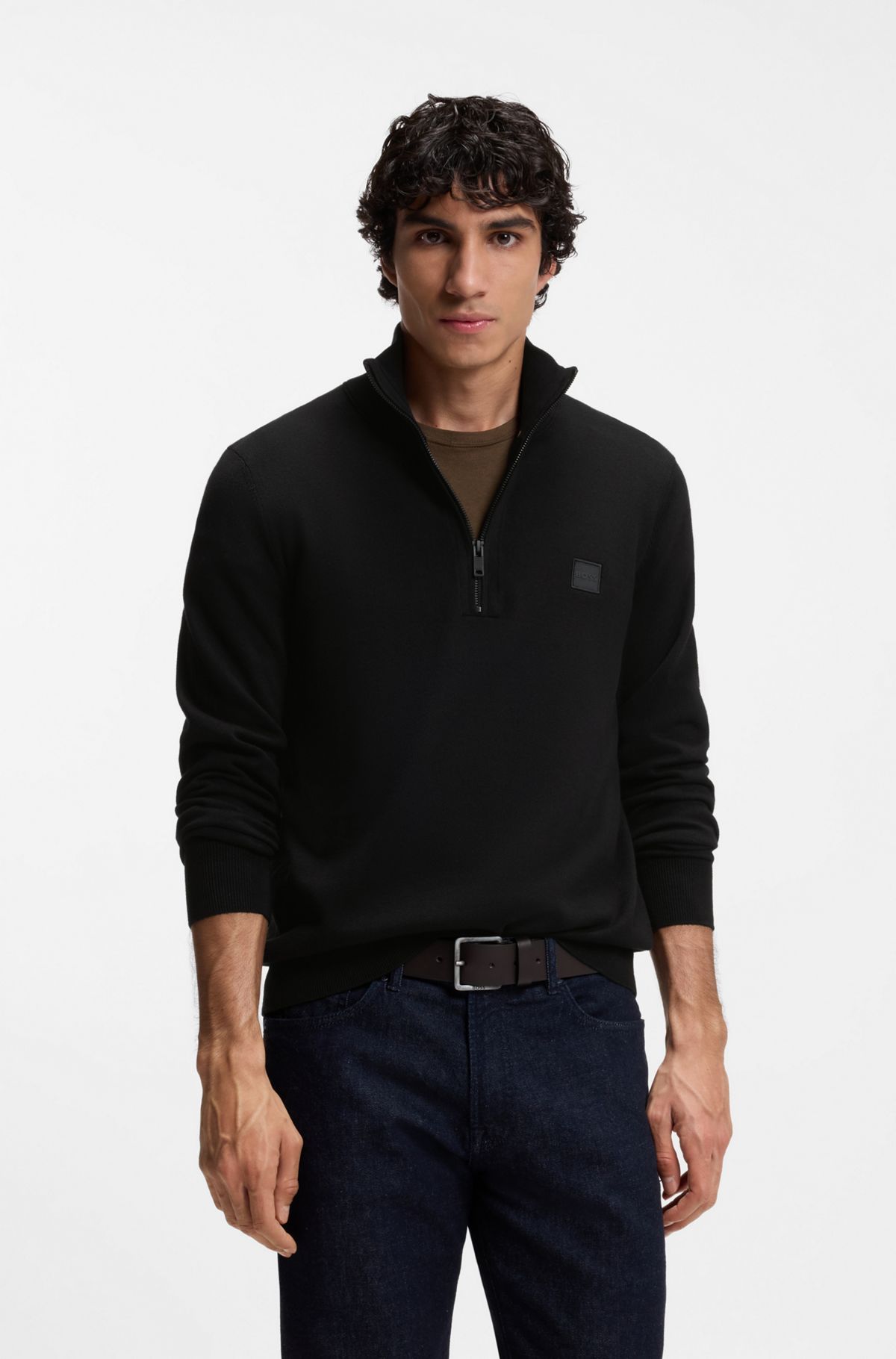 Cotton-cashmere sweater with zip collar, Black