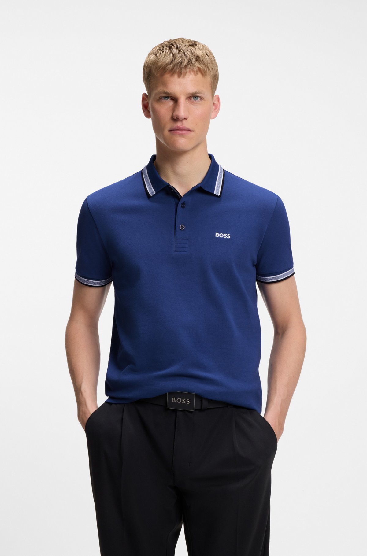 Cotton piqué polo shirt with logo details, Blue