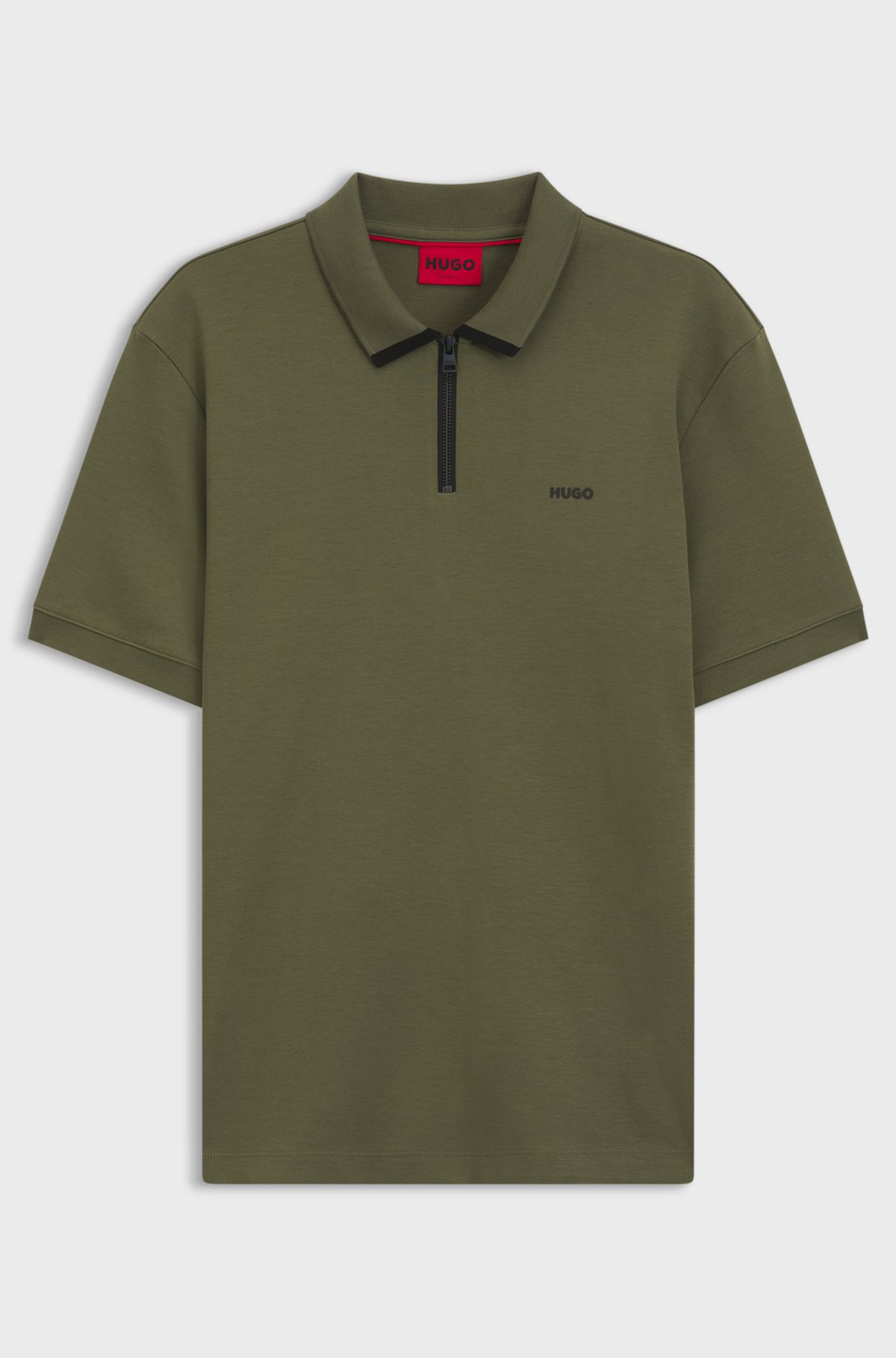 Cotton piqué polo shirt with zip neckline, Dark Green