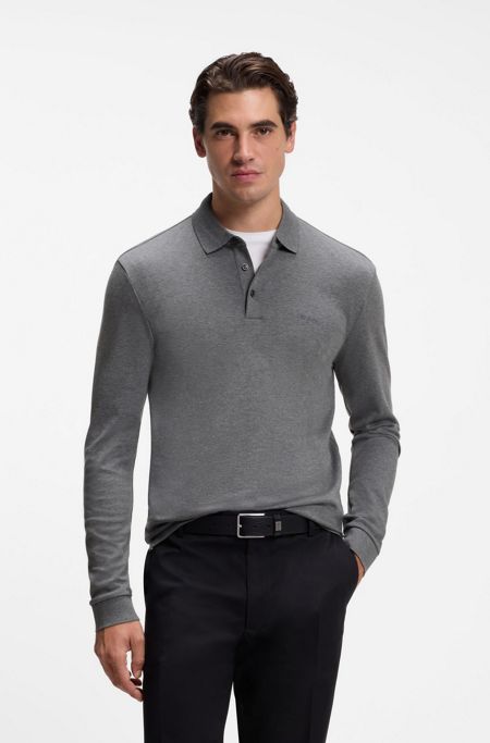 Long-sleeved polo shirt in interlock cotton with logo, Grey