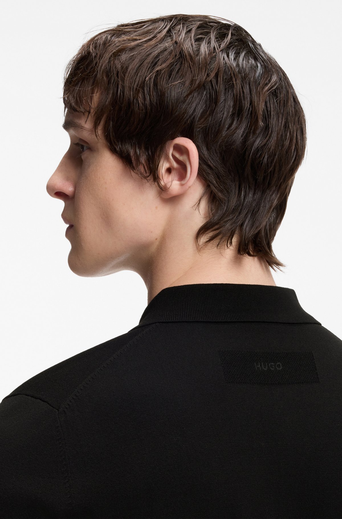 Knit polo with covered placket, Black