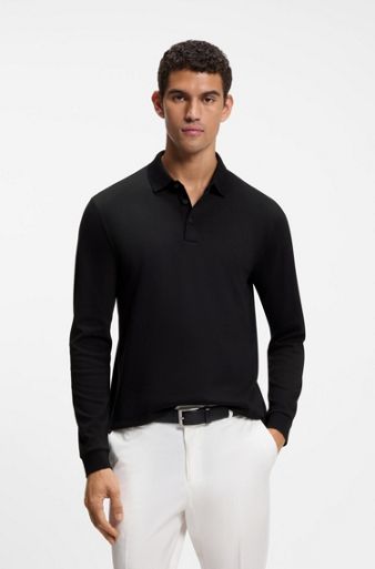 Long-sleeved polo shirt in interlock cotton with logo, Black