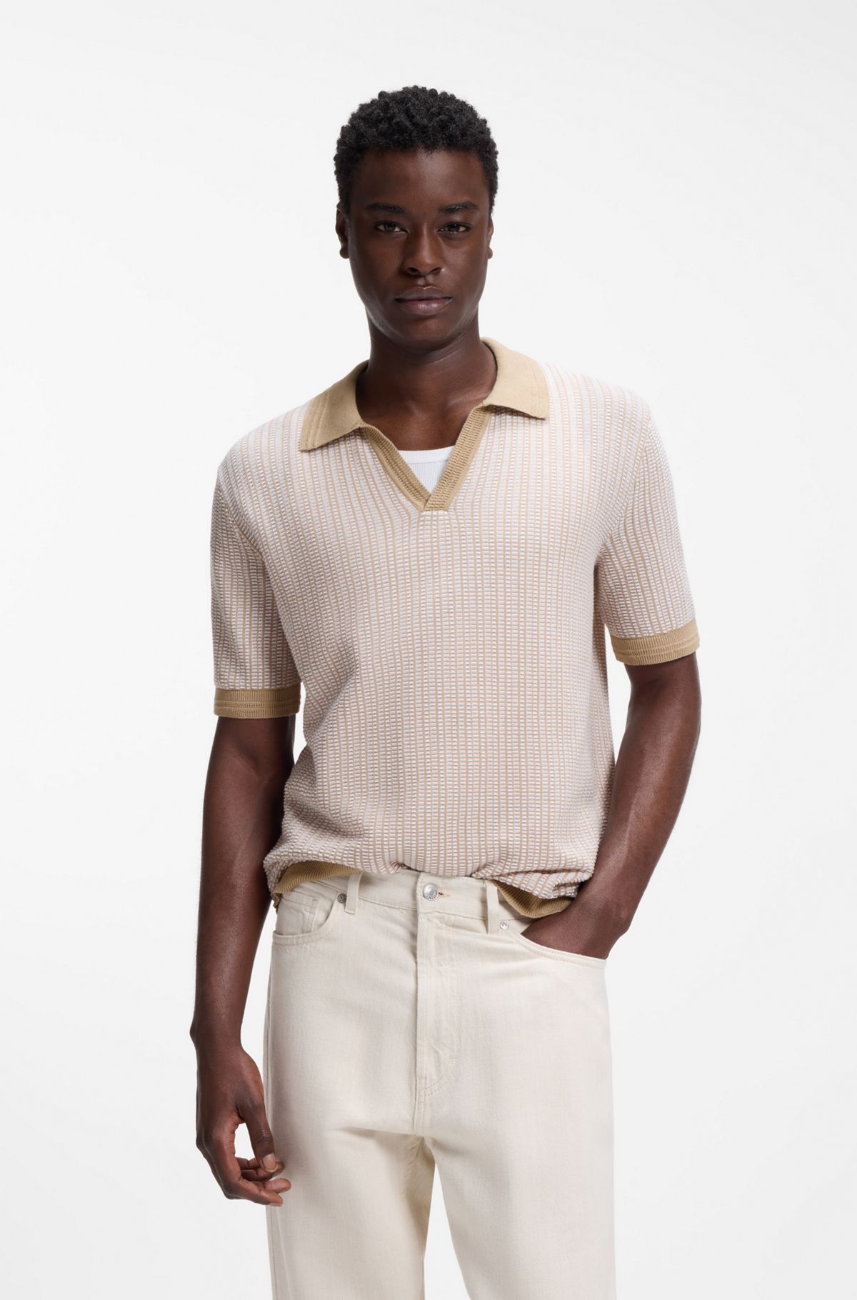 Johhny-collar sweater in cotton and linen, Light Beige