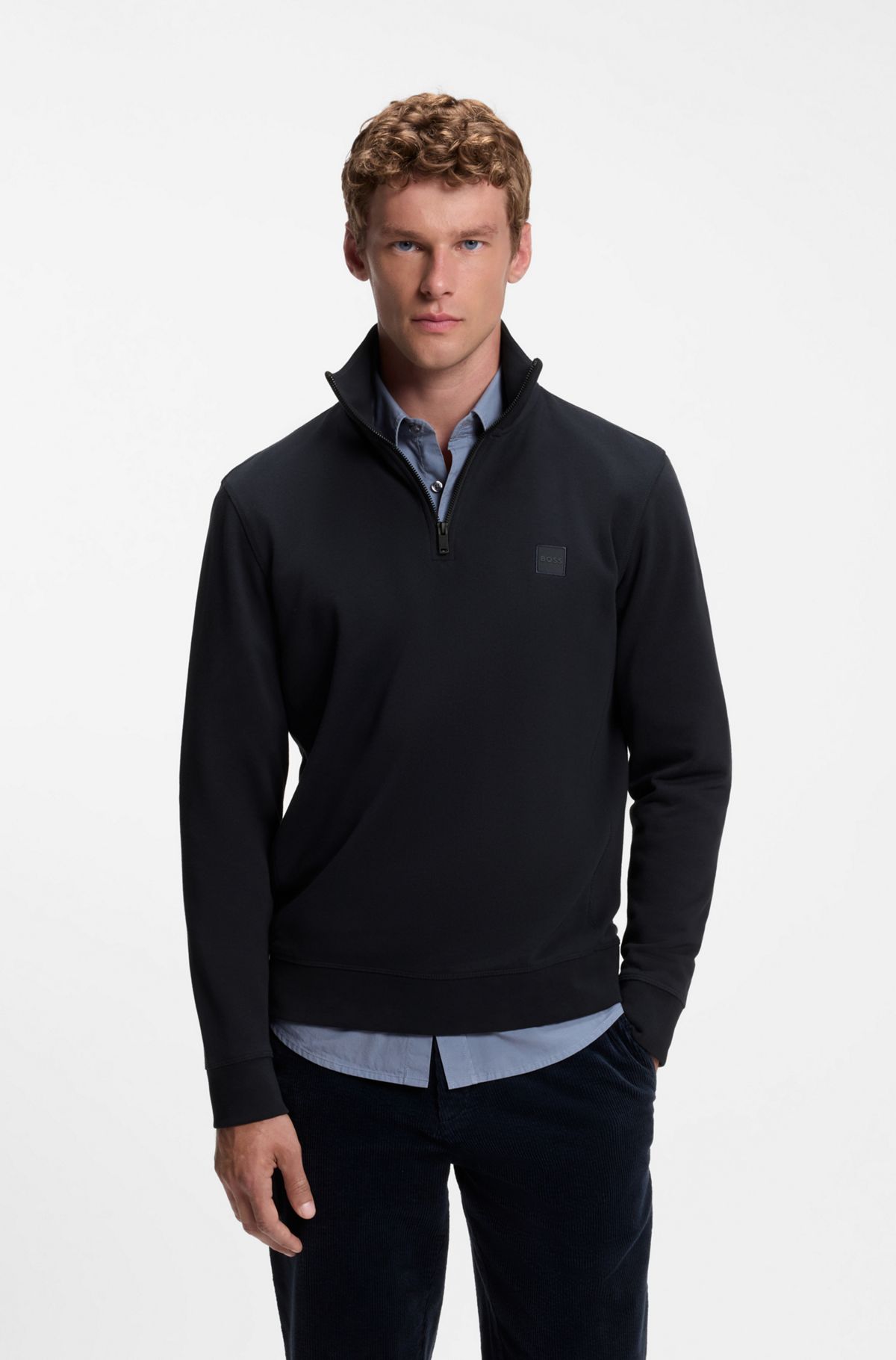 Cotton-terry sweatshirt with zip collar, Dark Blue