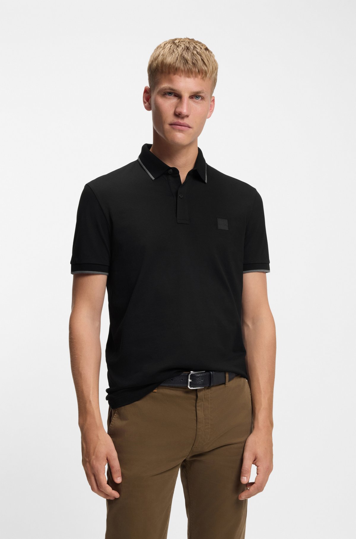 Slim-fit polo shirt in stretch-cotton piqué, Black